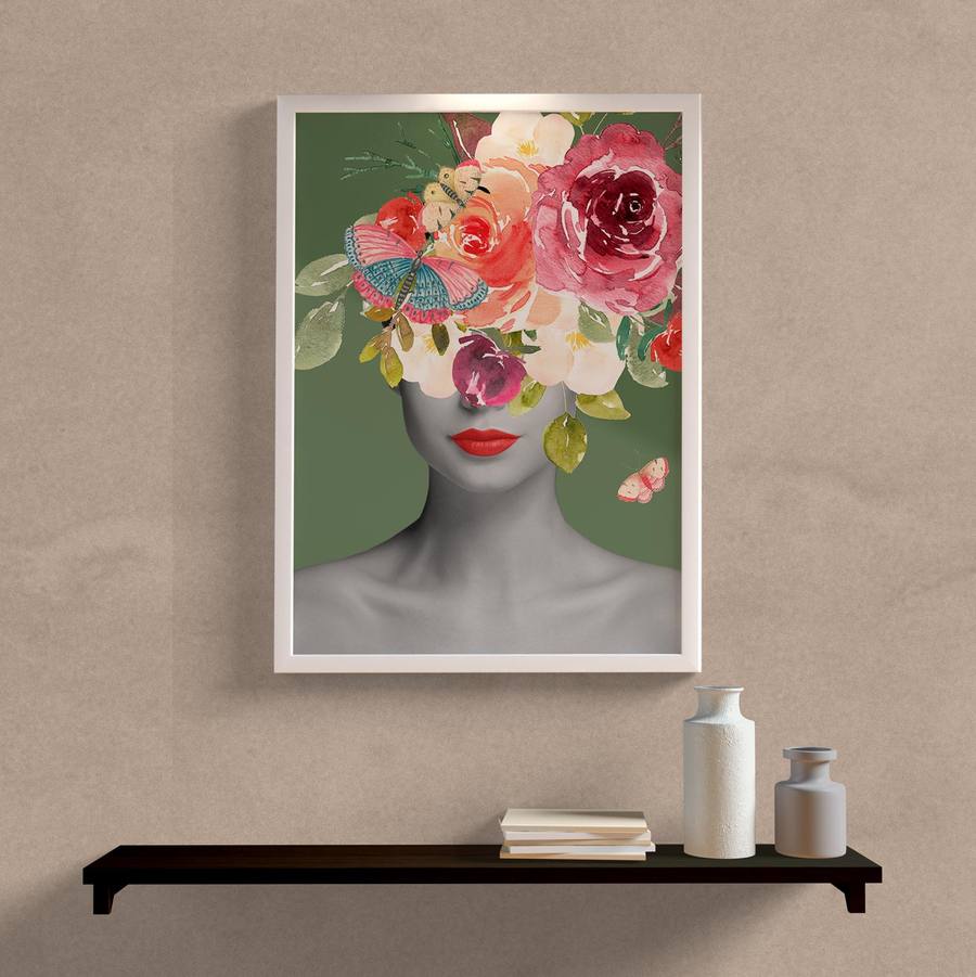 Quadro Decorativo Colagem Mulher com Flores - detalhe da moldura e acabamento