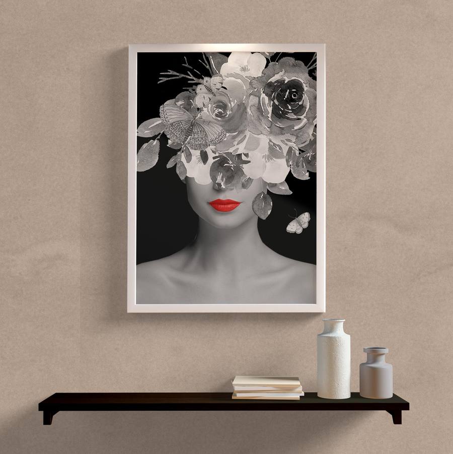 Quadro Decorativo Colagem Mulher P&B - detalhe da moldura e acabamento