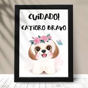 Quadro Decorativo Cuidado Catioro Bravo Shih-tzu - detalhe da moldura e acabamento