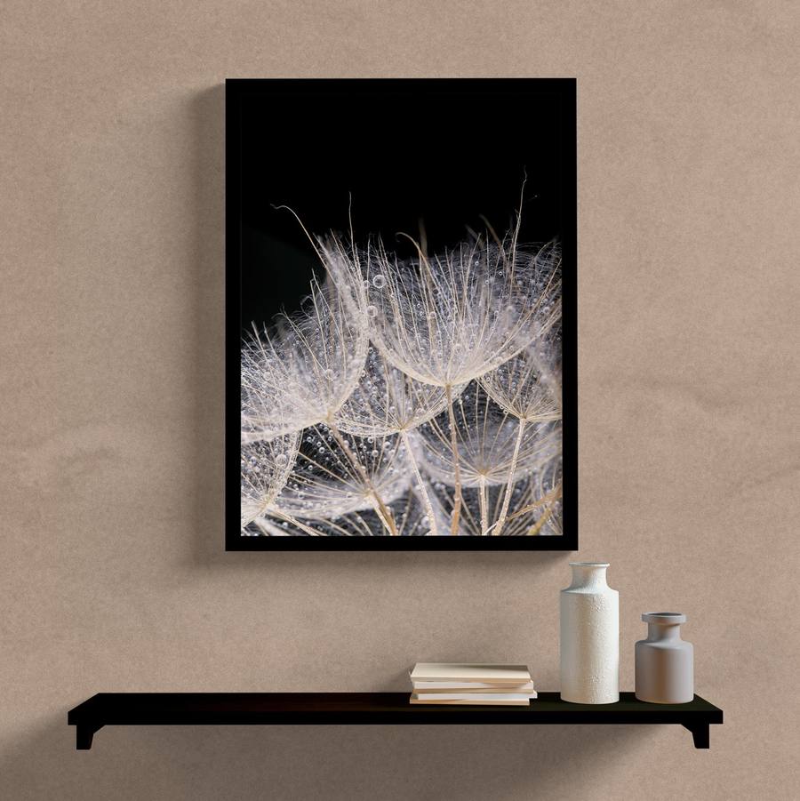 Quadro Decorativo Dente de Leão Preto e Branco - detalhe da moldura e acabamento