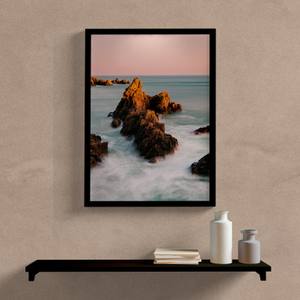 Quadro Decorativo Mar com Rochas Sunset - detalhe da moldura e acabamento