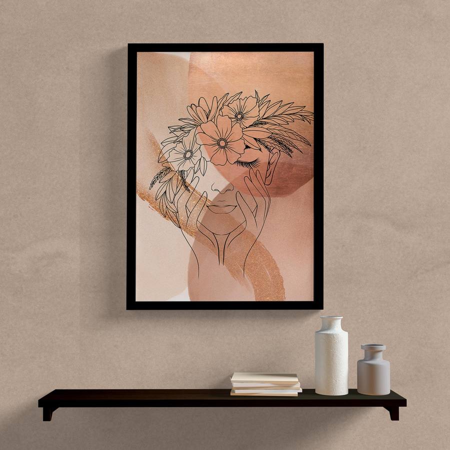 Quadro Decorativo Minimalista Mulher com Flores - detalhe da moldura e acabamento