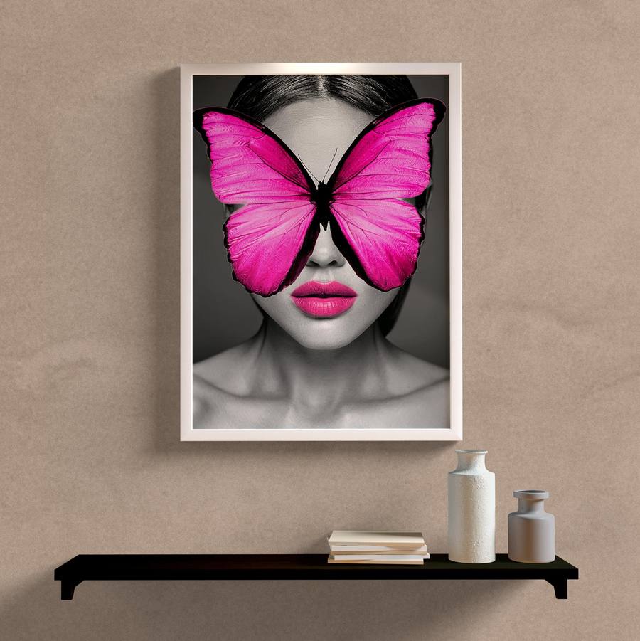 Quadro Decorativo Mulher com Borboleta Rosa - detalhe da moldura e acabamento