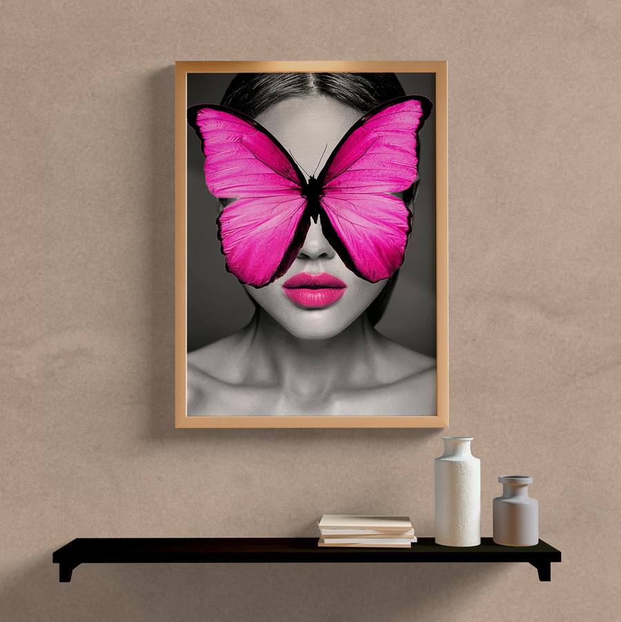 Quadro Decorativo Mulher com Borboleta Rosa - vista aproximada da impressão