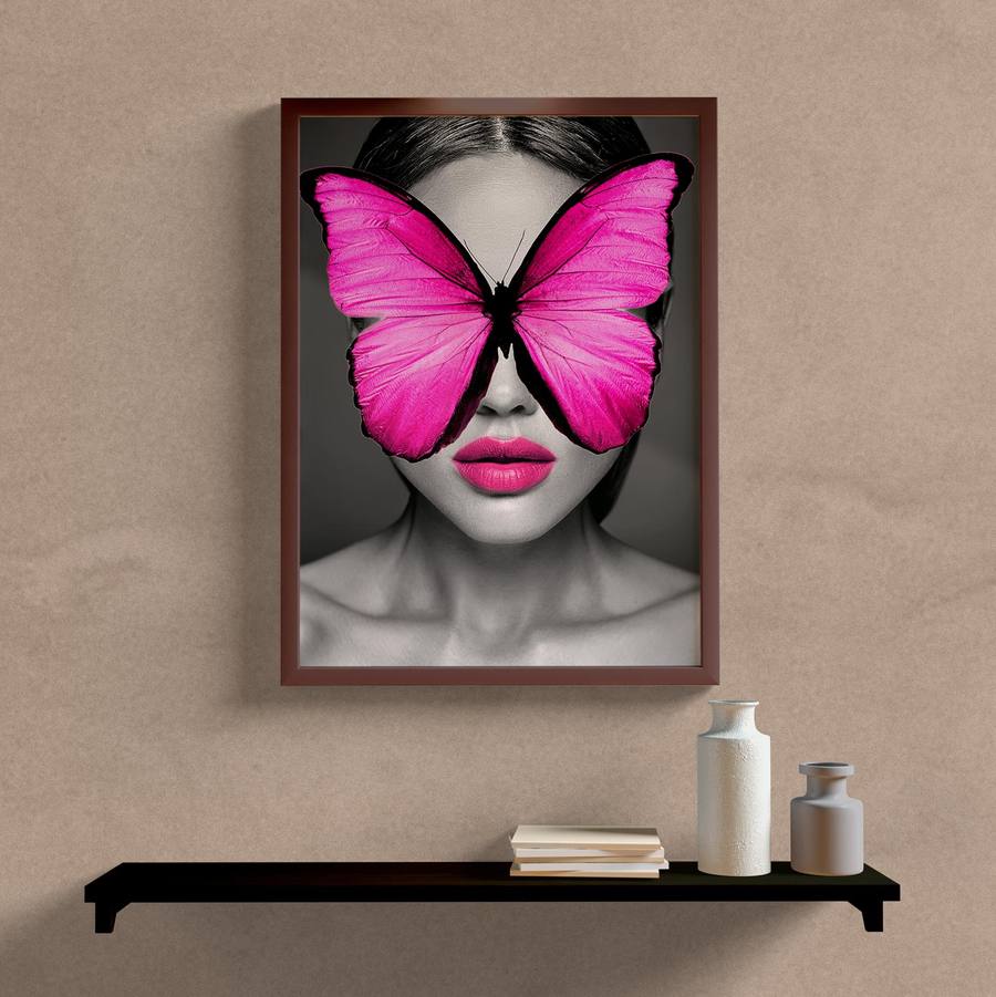 Quadro Decorativo Mulher com Borboleta Rosa - quadro decorativo em ambiente decorado
