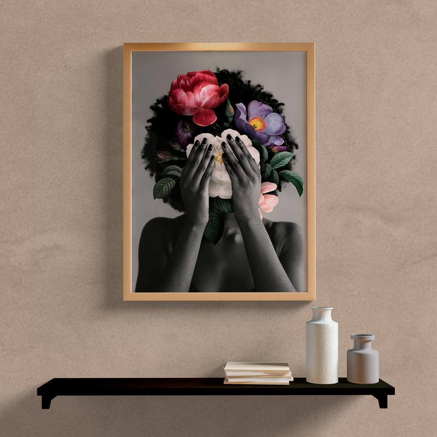 Quadro Decorativo Mulher com Flores - quadro decorativo em ambiente decorado