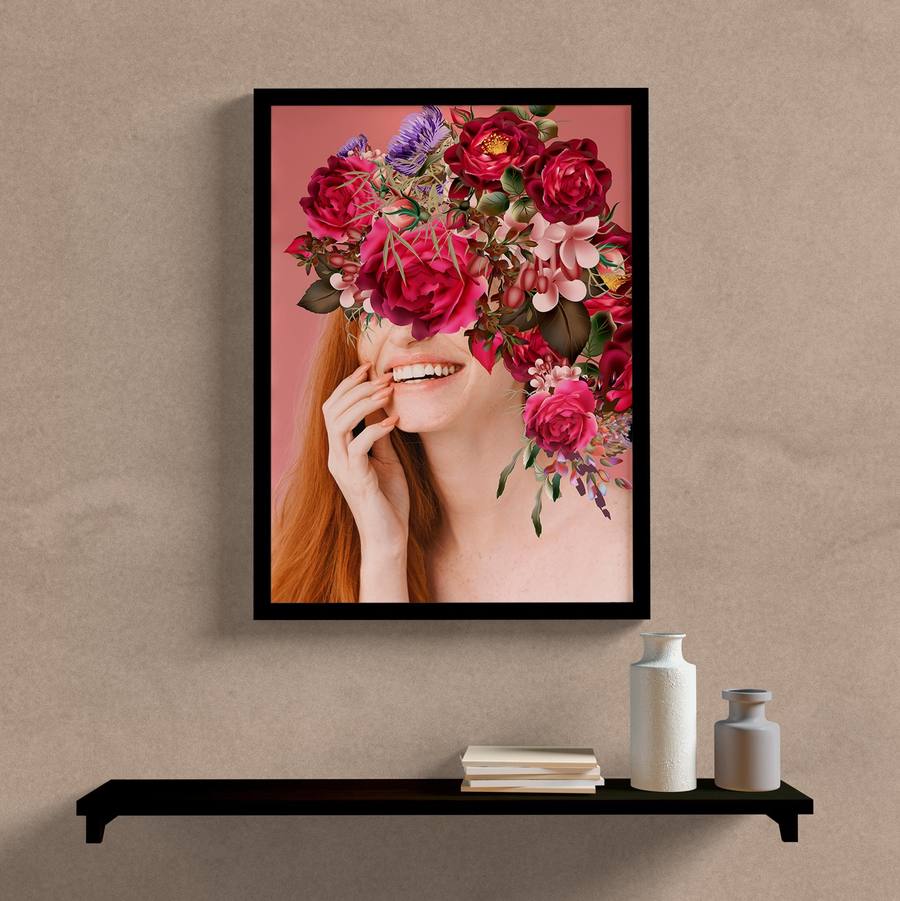Quadro Decorativo Mulher com Flores Sorrindo - quadro decorativo em ambiente decorado