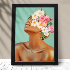 Quadro Decorativo Mulher com Flores - detalhe da moldura e acabamento