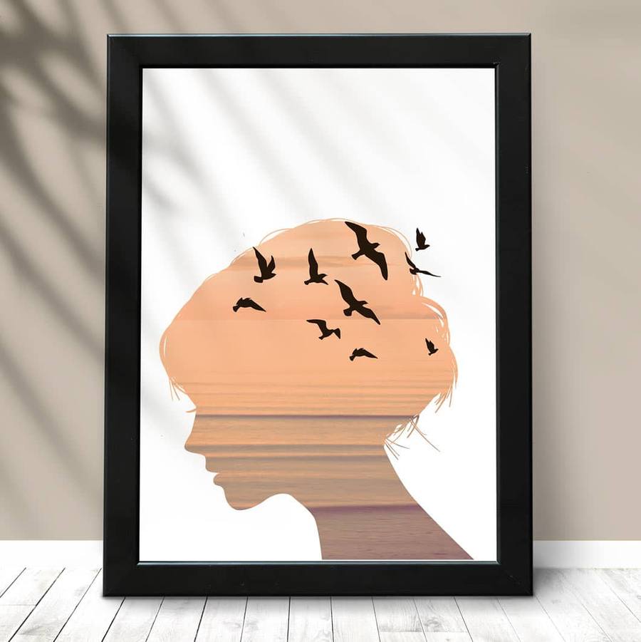 Quadro Decorativo Mulher pássaros - detalhe da moldura e acabamento