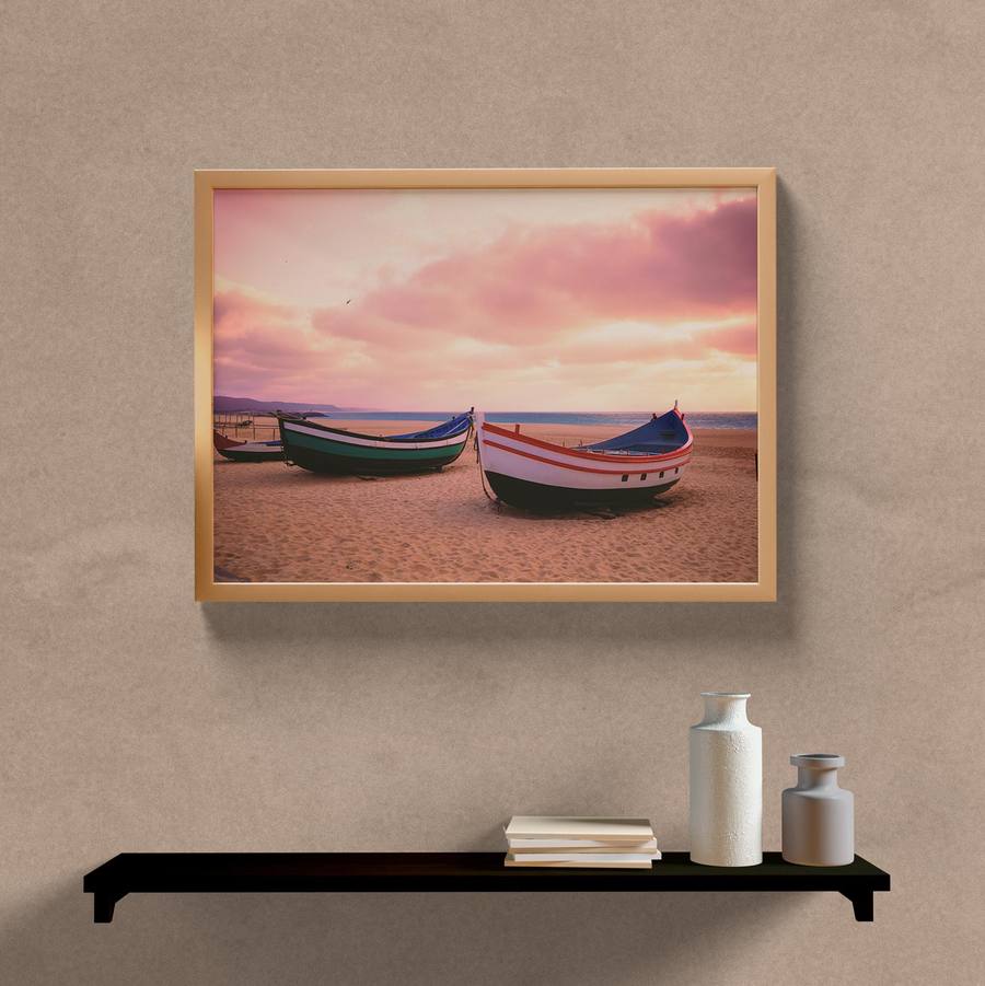 Quadro Decorativo Paisagem Barcos na Areia - quadro decorativo em ambiente decorado