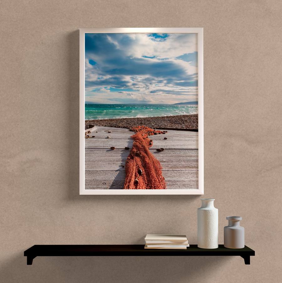 Quadro Decorativo Paisagem Rede de Pesca - detalhe da moldura e acabamento